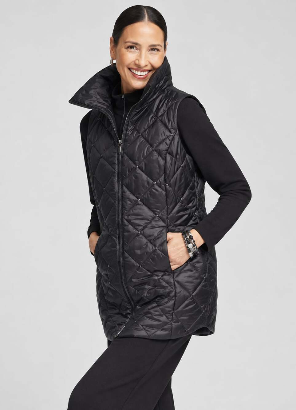 Chico's Zenergy Embellished Puffer Vest Size 8 Black Quilted Thinsulate